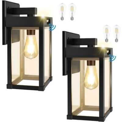 Image de Projecteur Solaire Exterieur, COLBOR Lot de 2 Lampadaire Murale Moderne avec Détecteur Mouvement 3 Modes IP65 Étanche Ampoules pour Cour Garage, Lampe Exterieur Eclairage