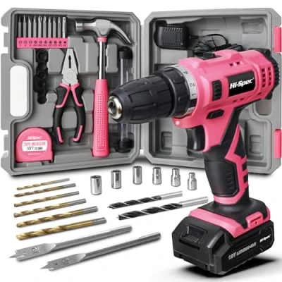 Image de Hi Spec Perceuse Visseuse sans Fil 12V Rose Kit Complet avec Mallette d&#039;Outils Perceuse, Embouts, Forets, Marteau, Tournevis et Plus pour Travaux, Entretien Réparations à Domicile