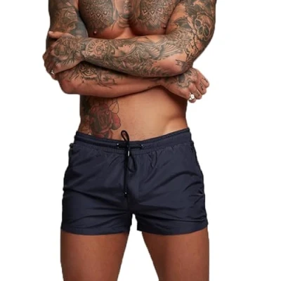 Image de TMEOG Maillot de Bain Homme Short Caleçon Piscine Plage Shorty Boxer Mayo pour avec Poche Zippée(L,Bleu Marine)