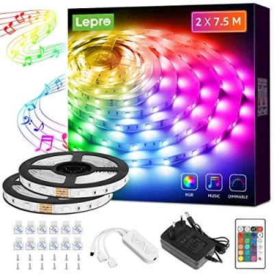 Image de Lepro Ruban LED 15m, Chambre RGB de Musique, Bande Multicolore Améliorée avec Télécommande et Adaptateur, 300 LEDs SMD 5050 Lumineuses pour Mariage Soirée Fête, 2 x 7.5m