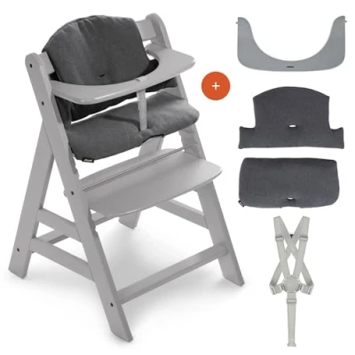 Image de hauck Chaise Haute Bébé Evolutive Alpha Plus en Bois Avec Coussin d&#039;Assise, Barre de Sécurité, Harnais 5 Points, Sangle d&#039;Entrejambe, dès 6 Mois Gris Charbon