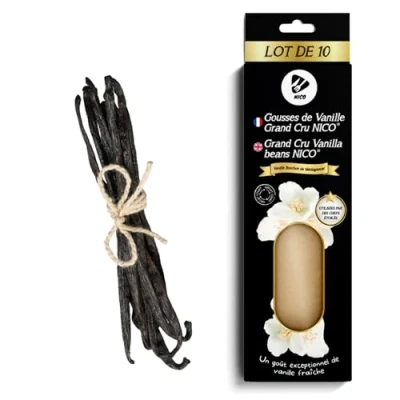 Image de NICO 10 Gousses de Vanille Gourmet Bourbon Madagascar XL Grand Cru 2024 &amp; Circuit Court Utilisées par des Chef Etoilés Qualité Goût Exceptionnels Taille 16 17cm Sachet Fraicheur Sous Vide