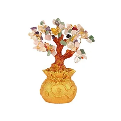 Image de lachineuse Arbre Feng Shui 5 Élements de Fortune 17 cm Décoration Asiatique Japonais avec Support Doré Déco Pierres Précieuses Objet Zen