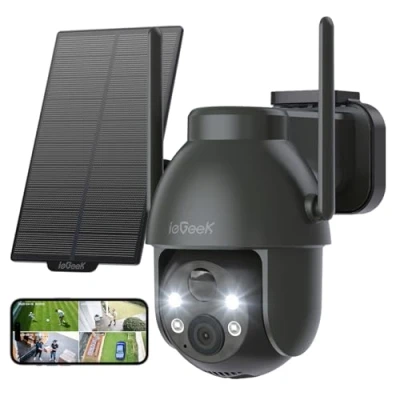 Image de ieGeek 360 PTZ Camera Exterieure Solaire 3MP Surveillance WiFi sans Fil Nuit Couleur, PIR Détection, Audio Bidirectionnel