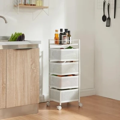 Image de [en.casa] Chariot de Service à 4 Niveaux Desserte roulettes avec Paniers Dépliables Meuble Rangement pour Cusine Salle Bain Bureau Acier 80 x 27 cm Blanc