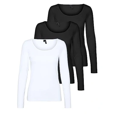 Image de VERO MODA Vmmaxi My Ls Soft Uneck Ga Noos T shirt à manches longues pour femme, 2 x noir, 1 blanc brillant, M