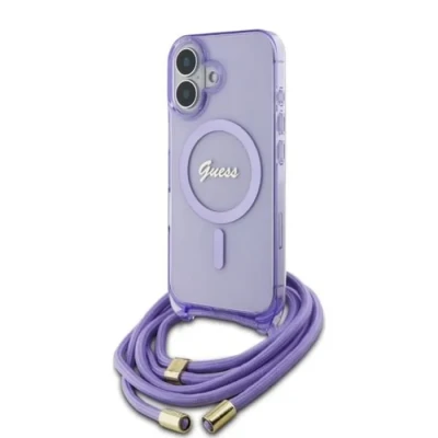 Image de Étui Guess pour iPhone 16 6.1 violet étui rigide Crossbody Cord Script MagSafe Neuf