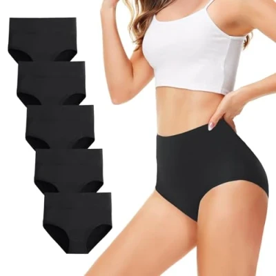 Image de TUUHAW Culottes Femmes Lot de 5 Coton Taille Haute Slips Shorties Elasticité Ventre Plat Noir L