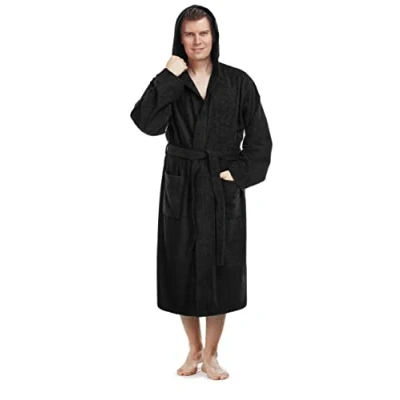Image de Arus Pacific Peignoir de Bain homme, à capuche, Longueur mollet, en éponge, doux et léger,100% Coton, noir, taille homme: S, unisexe: S M
