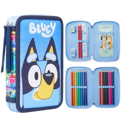 Image de BlueY Trousse Double Compartiment à Crayons Remplie avec Fournitures Scolaires