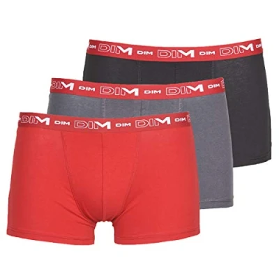 Image de DIM Boxer Homme Coton Stretch Respirant Maintien Optimal x3, Gris Plomb/Rouge Chili/Noir, XL