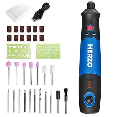 Image de HERZO Outil Rotatif Electrique sans fil Li Ion (3.7V), 32 pcs Accessoires，recharger par USB, Mini avec 3 Vitesses 5000 15000tr/min Multifunction, pour sculpter/couper/polir