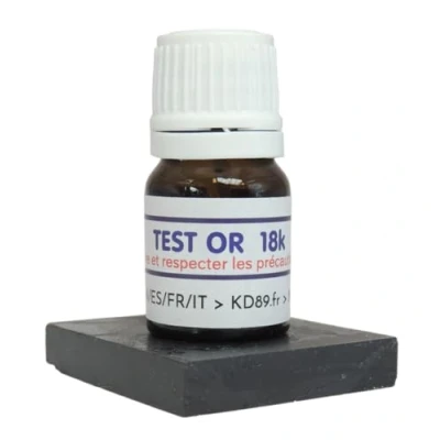 Image de KD89 Test Réactif/solution pour tester l&#039;or 18 carats Avec pierre de touche naturelle et notice multi langues Expertise bijoux, pièces, lingotins 2,5ml