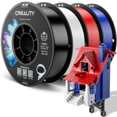 Image de filament officiel Creality PETG pour imprimante 3D, 1,75 mm, 4 kg, haute précision, forte ténacité, inodore, meilleur débit, CR résistant à l&#039;humidité, noir + blanc rouge bleu