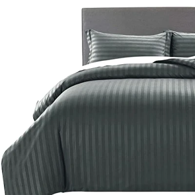 Image de MOONLIGHT20015 Parure de lit super king size en satin à rayures avec 2 taies d&#039;oreiller, réversible, hypoallergénique, douce et respirante (anthracite, size)