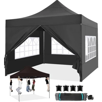 Image de Tooluck Tonnelle de Jardin Barnum Pliant 3x3 Professionnel Solide Renforcé UV 50+ Pop Up 3 réglables en Hauteur Protection Contre Le Froid avec 4 Murs et Sacs Sable, Noir