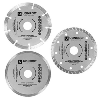 Image de Vonroc Lot de 3 Disques Diamant 125 mm, x 1,2 22,2 mm pièces Universelles Coupe Pierre, Béton et Céramique Universels pour Meuleuse d&#039;Angle 125mm