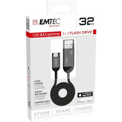 Image de Emtec ECMMD32GT753A Clé USB 3.1 Série Dual Collection GEN.1 T750 A 32 Go 2 en 1 : OTG / Lightning pour Smartphone et Tablette avec fonction de charge cable 70cm Métal