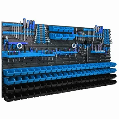 Image de Ste Système de rangement mural 173 x 78 cm, supports à outils, 95 pièces, boîtes empilables, étagères pour vue, plaques murales extra solides, étagère extensible, d&#039;atelier