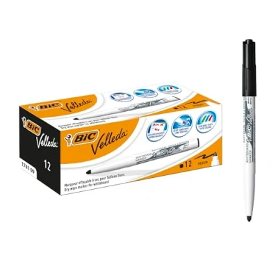 Image de BIC Velleda 1741 Feutres pour Tableau Blanc Effaçables à Sec, Pointe Conique Moyenne Noir, Boîte de 12