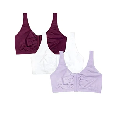 Image de Fruit of the Loom Soutien Gorge en Coton à Fermeture Frontale pour Femme Sport, Opaque, Lilas Whisper/Blanc/Velours Violet, 115 (Lot de 3)