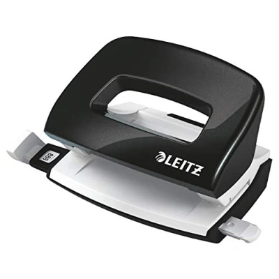 Image de Leitz Mini Perforateur, 10 Feuilles, Réglette de Guidage avec Marquages des Formats, Métal, WOW, 50601095 Noir