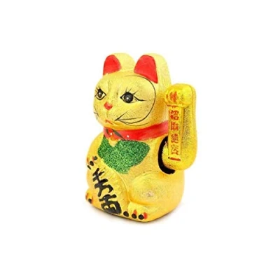 Image de lachineuse Maneki Neko Doré avec Bras Qui Bouge Statue Chat Japonais Porte Bonheur Statuette 17 cm Mobile Objet Kawaii Déco Or Idée Cadeau Japon Asie Chance, Bonheur, Fortune
