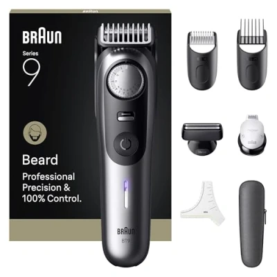Image de Braun Tondeuse À Barbe Series 9, + 7 Outils De Barbier, Mode PowerBoost, Lame ProBlade, 180 Min D&#039;autonomie, Dégradé, 50 Longueurs, Molette Précision Et Verrouillage, Étanche, BT9520, Chrome