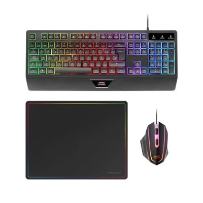 Image de MARSGAMING MCP124, Combo de Jeu 3 en 1, Clavier Ergonomique H Mech LED RVB, Souris RVB 3200 DPI HUANO, Tapis nanotextile 360 ​​x 260 mm, compatibilité multiplateforme, espagnole, Noir