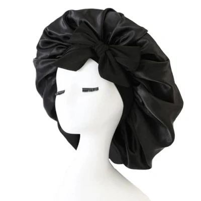 Image de iLamvie Bonnet Satin Cheveux Nuit, De Nuit Satin, Soie Pour Femmes Longs Bouclés,Large Bande Ajustable(Noir)
