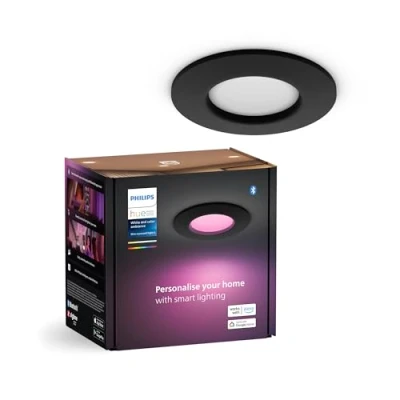 Image de Philips Hue Spot encastré connecté, 90 mm, lumière blanche et couleur, compatible Bluetooth, contrôle vocal avec Alexa, Apple Home Google Assistant, noir