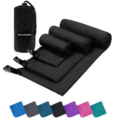 Image de ZENACROSS Serviette Microfibre Set de 3 avec Sac Transport Sport Compacte, Séchage Rapide et Absorbante Taille XS, S, M Noir