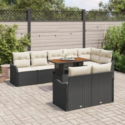 Image de Ensemble complet de 9 pièces avec coussins rattan poly noir, Sofa jardin 2 places rangement et 3358210