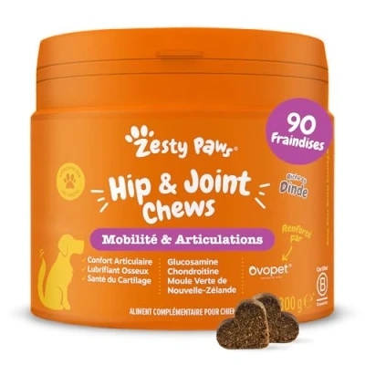Image de Zesty Paws Hip &amp; Joint Mobilité Flexibilité des articulations Complément pour sous Chien Forme de friandise Glucosamine Chondroïtine Ovopet® Moule Verte Nouvelle Zélande 90 Unités
