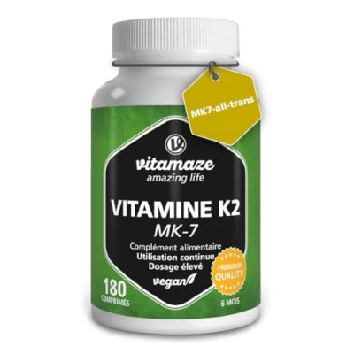 Image de Vitamine K2 MK 7 à Fort Dosage, 200 mcg Ménaquinone pour 6 Mois 180 Comprimés Vegan Qualité Allemande, Complément Alimentaire sans Additifs Inutiles