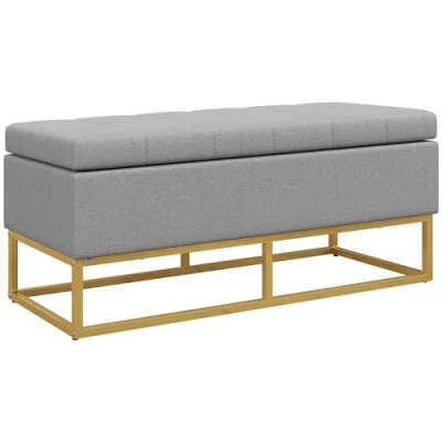 Image de HOMCOM Banc Banquette Coffre de Rangement 2 en 1 Assise capitonnée et Pieds Acier 110 x 44 48 cm Gris doré