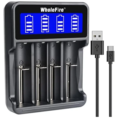 Image de WholeFire Chargeur de Batterie Universel, Piles Rapide 4 Emplacements avec Écran LCD Smart pour Rechargeable Li ION 18650 26650 18490 17670 17500 16340 14500, Ni MH/Ni CD A AAA