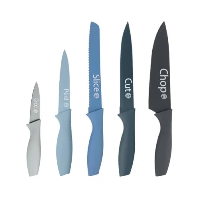 Image de MasterChef Set Couteau Cuisine, Couteaux compris le Hachoir, Office, Chef, Legume &amp; Eplucheur, Noir Inox avec Poignées Confortables, Collection Antirouille, Azure with captions, 5 Pièces