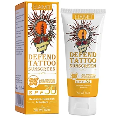 Image de Crème solaire SPF 30 + pour tatouage, protection rayons UVA et UVB, format 60 ml, anti décoloration, garder les couleurs