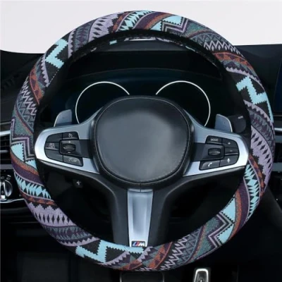 Image de Istn Housse de volant voiture en lin épais style ethnique 2018 antidérapante et absorbant la transpiration (taille M, 38,1 cm (convient à plupart des voitures)
