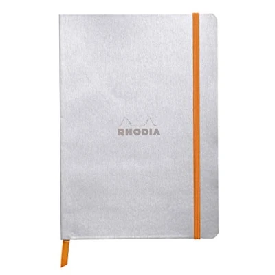 Image de RHODIA 117451C Carnet Souple Argent A5 14,8 x 21 cm Pointillés Dot 160 pages Papier Clairefontaine Ivoire 90 g/m² Marque Page, Fermeture Élastique Simili Cuir Collection Rhodiarama