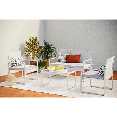 Image de CONCEPT USINE Salon de Jardin en Résine Tressée 4 Personnes ESNA Gris Clair Plateau Table Verre Trempé Coussins Déhoussables Lavables Waterproof, Robuste, Design Moderne &amp; Confortable
