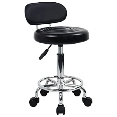 Image de KKTONER Tabouret pivotant à roulettes Roulant Fauteuil Chaise de Bureau réglable en Hauteur, avec Dossier Bas et Repose Pieds, Cuir PU Noir