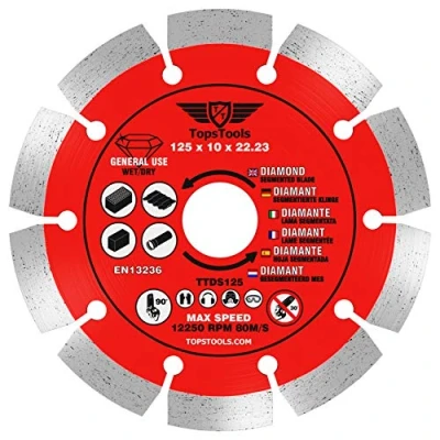 Image de 1 x TopsTools TTDS125 Lame de scie circulaire pour meuleuse d&#039;angle diamant segmentée 125 mm (5&quot;) 10 22,23 Compatible avec Bosch Dewalt Makita Milwaukee et bien d&#039;autres