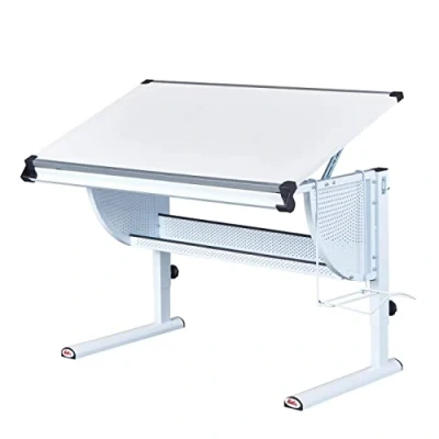 Image de Inter Link Bureau réglable En hauteur enfant élève Plan de travail inclinable Rangement pour cartables métal blanc Applications vert, rose et Matts 3in1