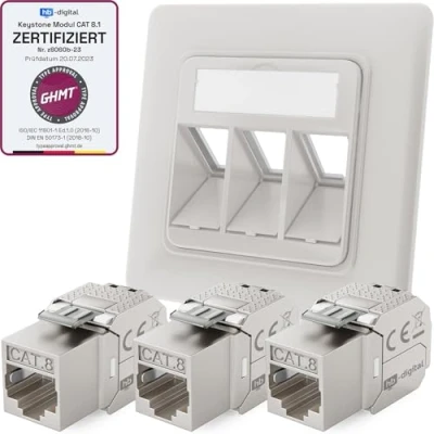 Image de hb digital Prise réseau 3 ports CAT 8 encastrée RAL9003 + x GHMT certifié Keystone RJ45 Module LAN Ethernet encastrable max. 40 Gbit/s STP Blanc de signal