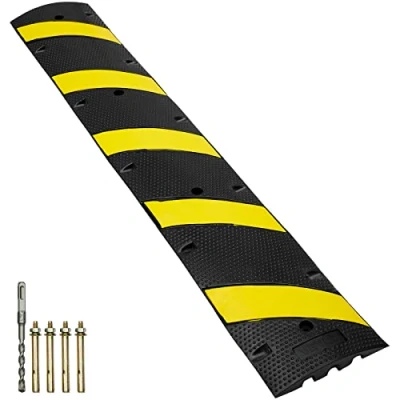 Image de VEVOR Rampe Protection Câble à 2 Canaux Passage de au Sol en Caoutchouc Passe Ralentisseur Charge 10000 kg avec 4 Vis d&#039;Expansion 1 Foret pour Routes Parkings, 183x30x4,5 cm, Noir/Jaune