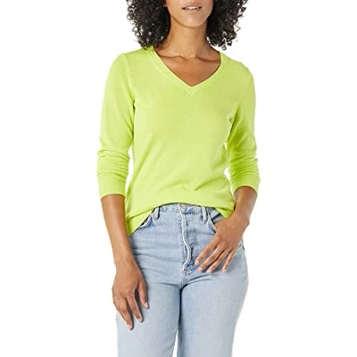 Image de Amazon Essentials Pull Col en v À Manches Longues Léger Coupe Classique (Grandes Tailles Disponibles) Femme, Jaune Fluo, S