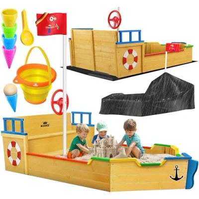 Image de KIDIZ® Bac à Sable AHOI Pirate Bateau Voile en Bois avec Couvercle Bâche de Sol, Banquette, mât Drapeau Grand pour Le Jardin Boîte d&#039;extérieur Bleu
