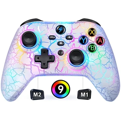Image de HASACOOL Manette Switch Pro avec 2 boutons arrière macro programmables/lumières design fissurées, 1000 mAh pour Switch/Lite/OLED, compatible Android/iOS/PC (blanc)